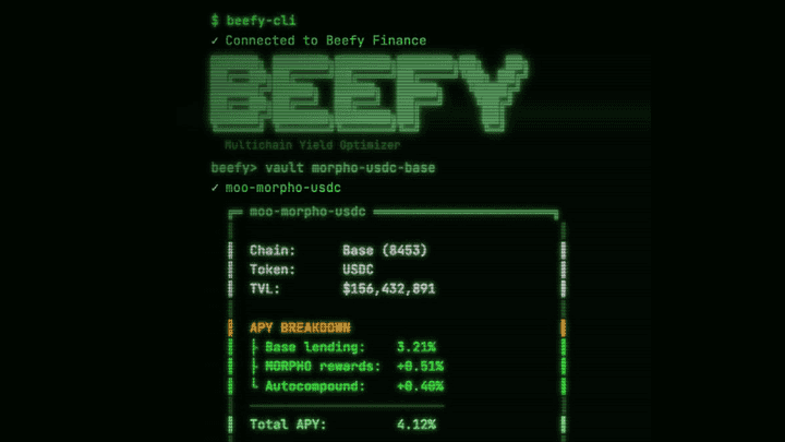 Screenshot of the Beefy CLI in action, printing available yields for moo-morpho-usdc on Base.
